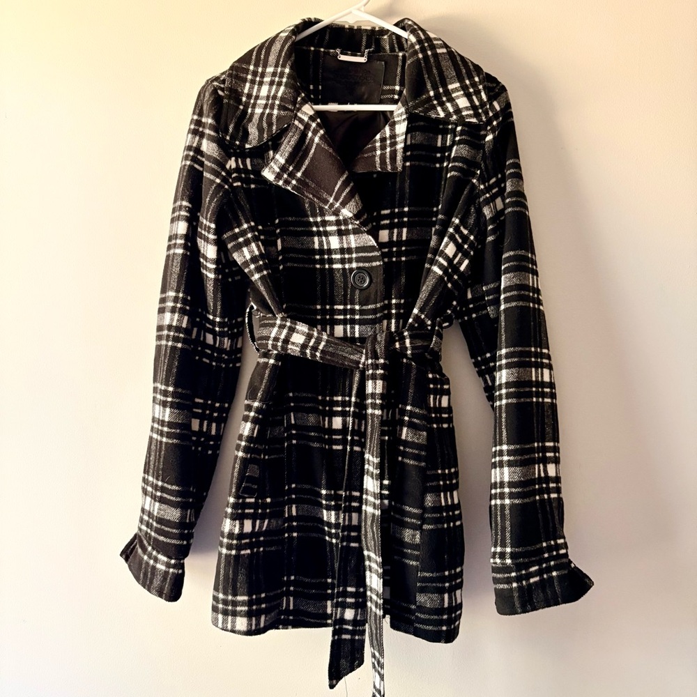 Joujou Women's Large Black White Plaid Coat Jacket W Belt Shawl Collar Y2K